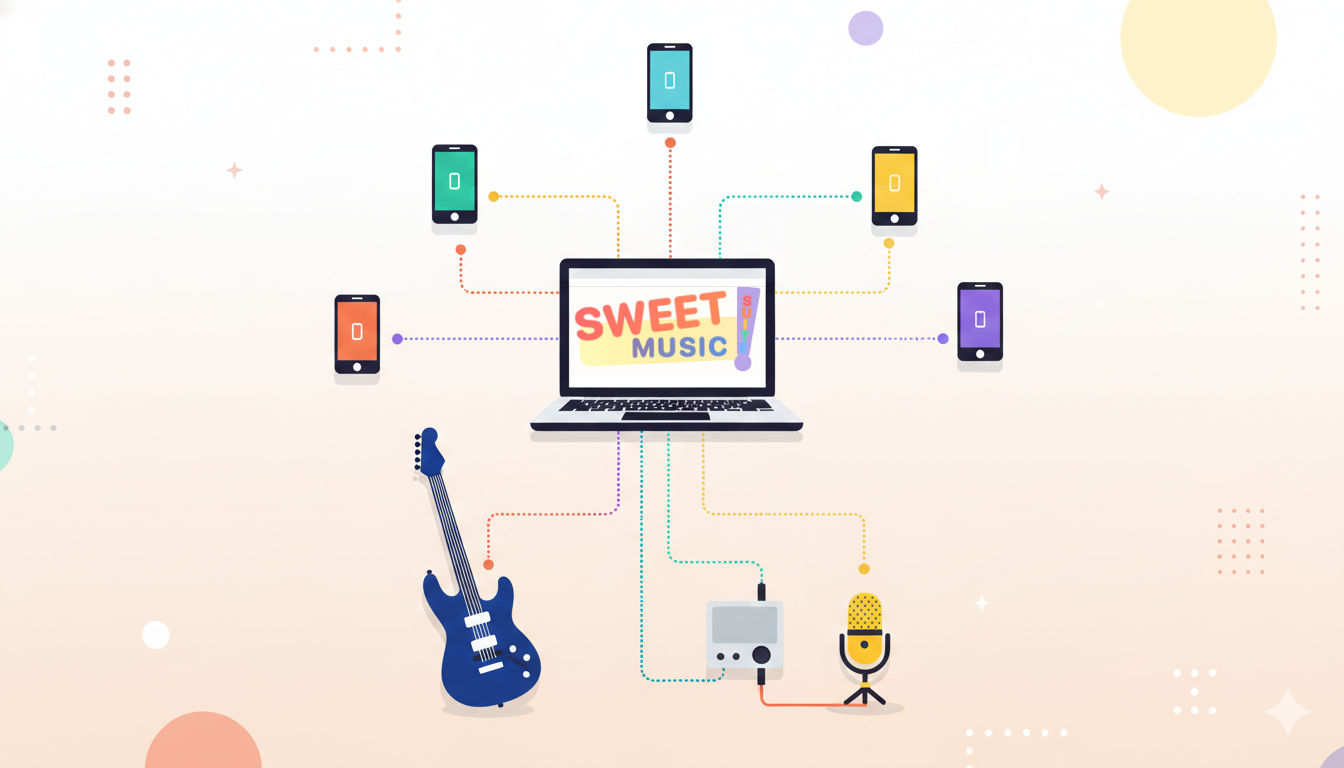 Sweet Suite Music — MacBook connected to phones as wireless cameras, with guitar, mic, and audio interface