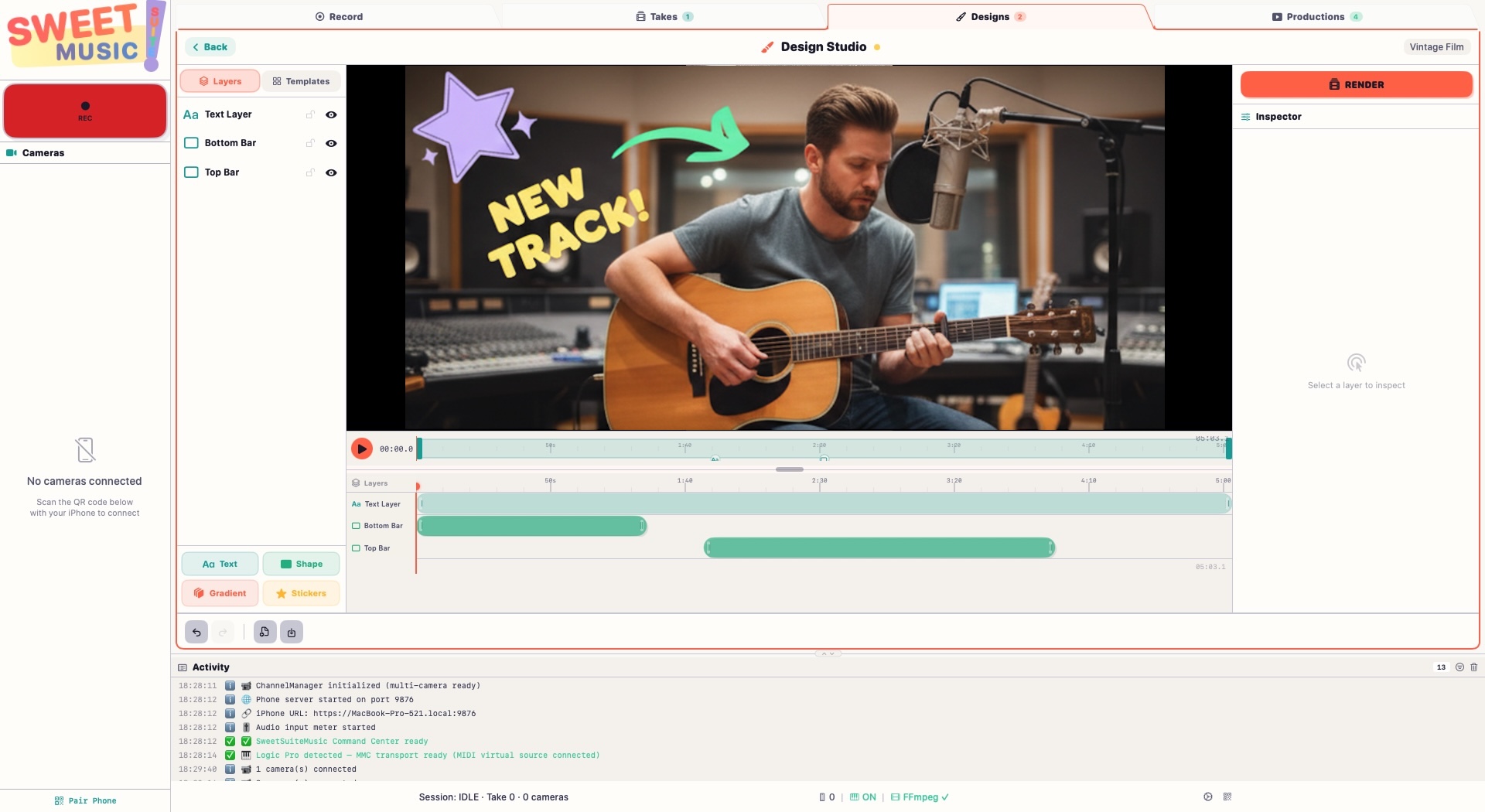 Sweet Suite Music — Design Studio with text layers, overlays, and timeline editor