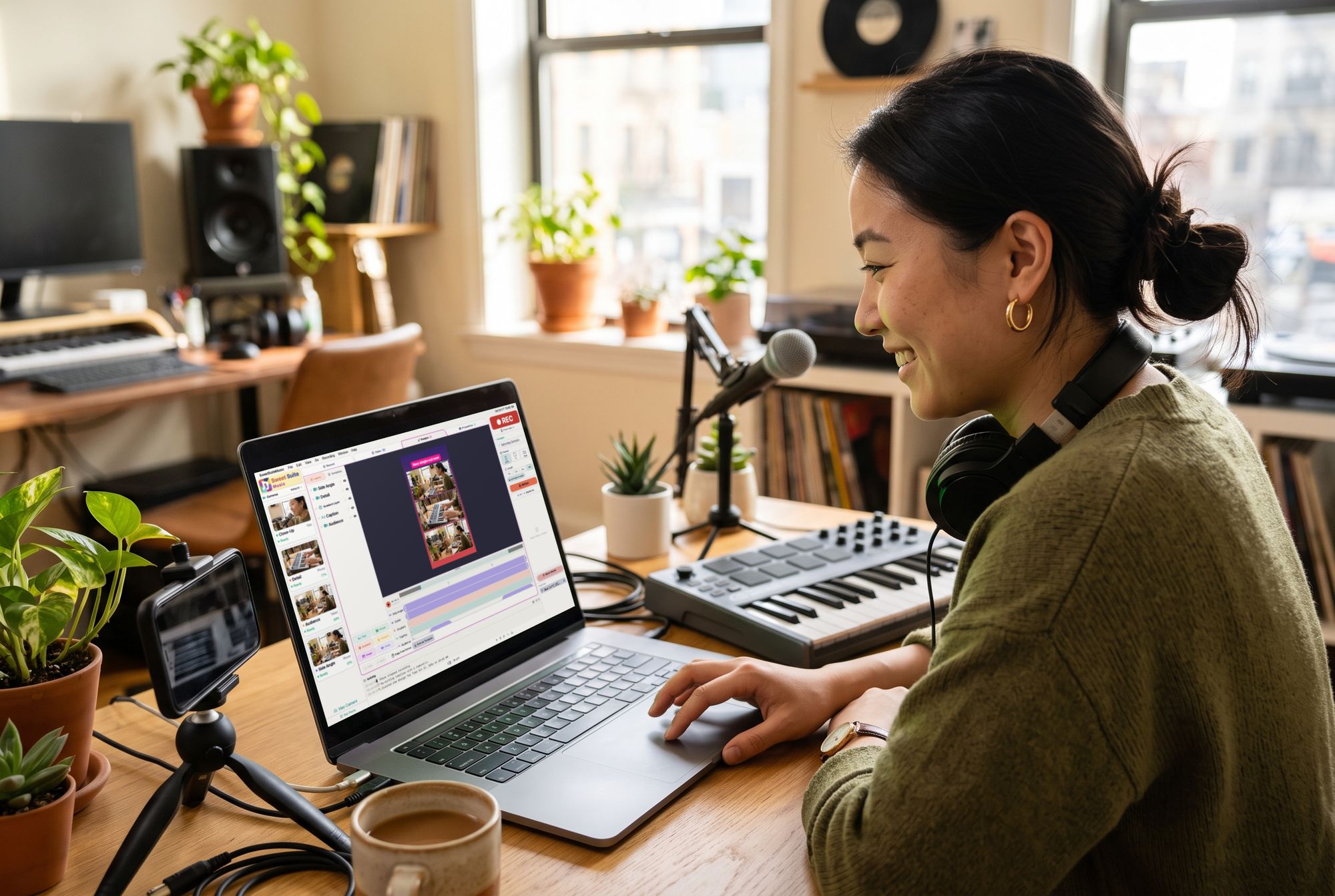 A producer smiles at her Mac as she lays out a vertical video in the Design Studio