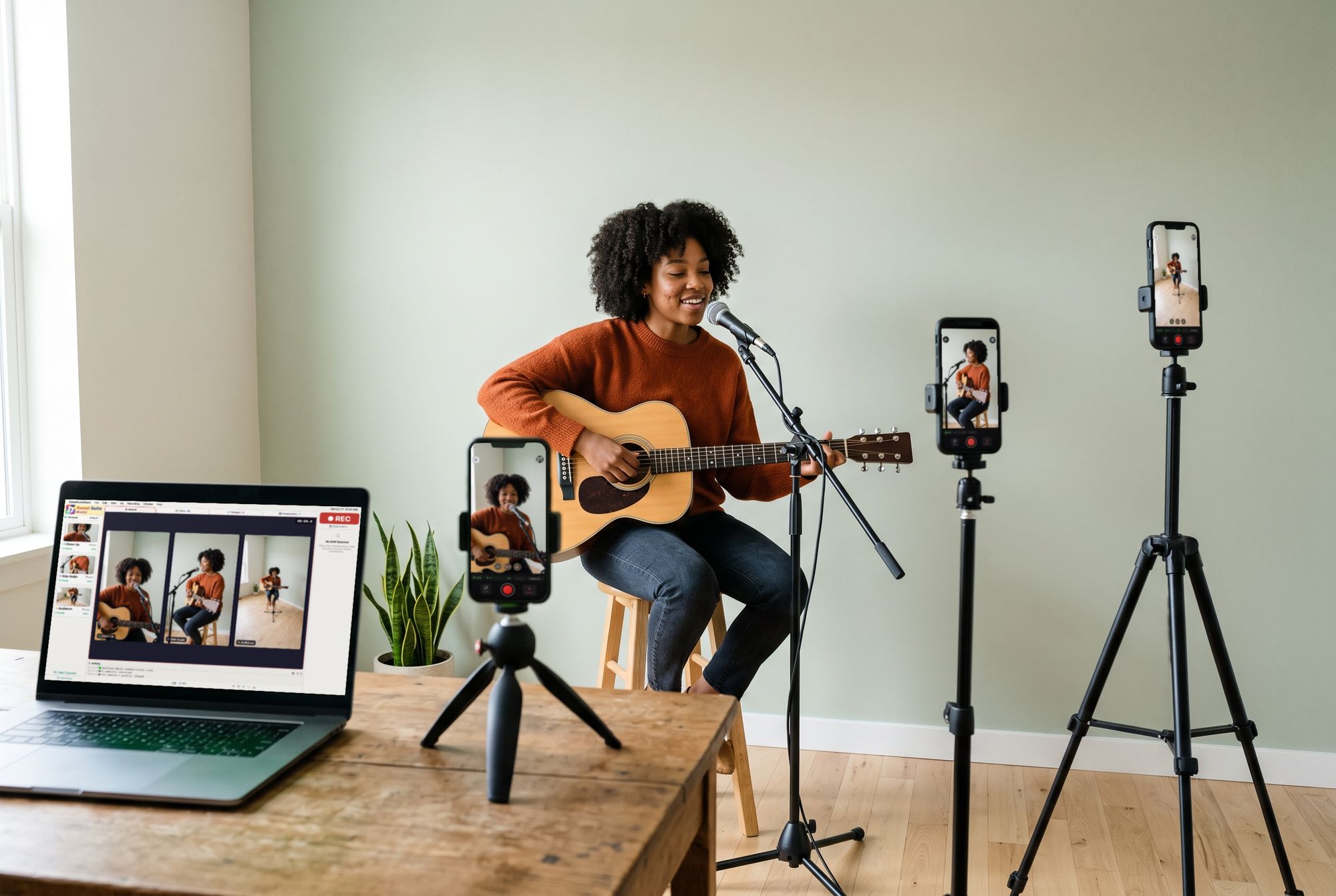 A singer-songwriter plays guitar while three phones on tripods film her and her Mac's Record screen shows every angle live