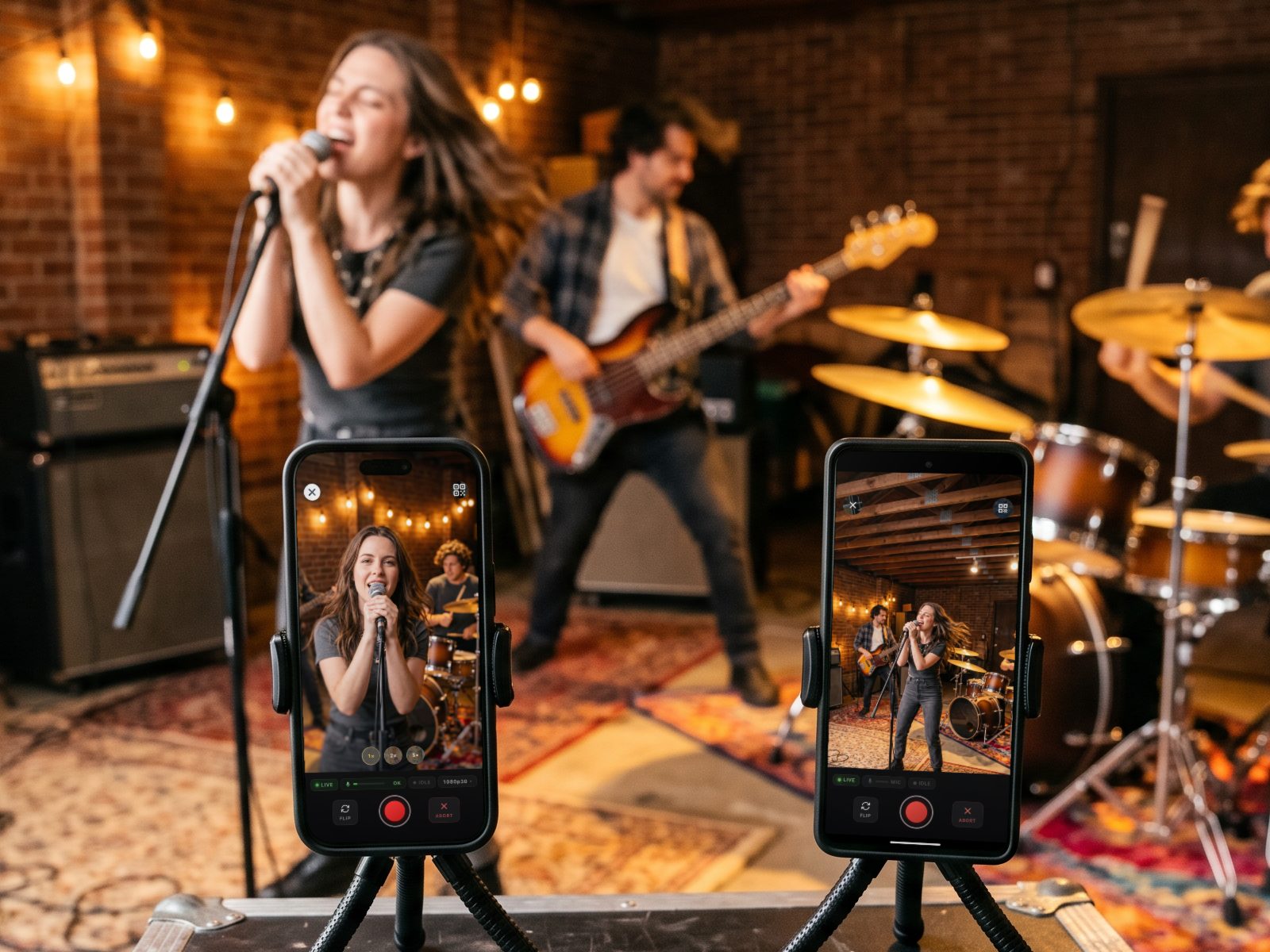 Two phones on small tripods film a band rehearsing in a garage: an iPhone and an Android phone, both running the free SweetSuite Camera app