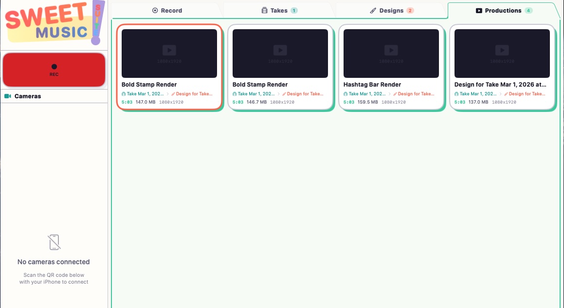 Sweet Suite Music — Productions tab showing rendered multi-angle video exports ready to share