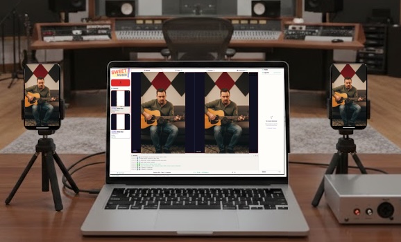 Sweet Suite Music — Record tab with MacBook as server and iPhones as wireless cameras in a studio