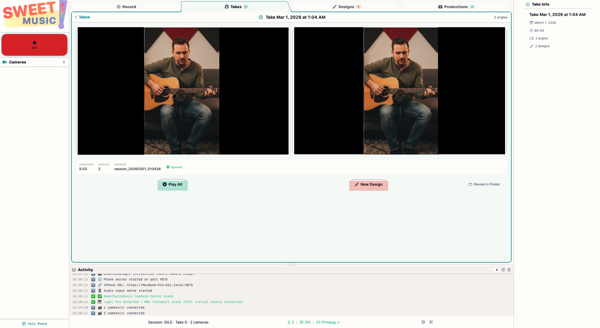 Sweet Suite Music — Takes tab showing recorded multi-angle footage from two camera angles